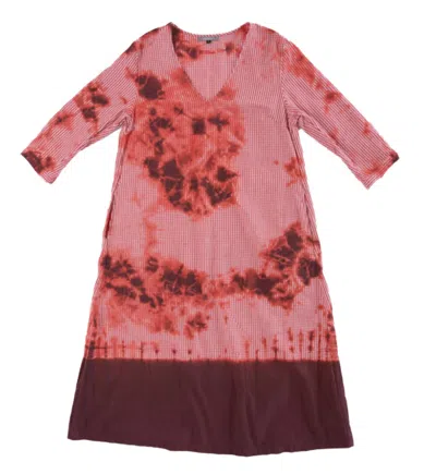 Suzusan Women's Cotton Gingham Check 3/4 Sleeve V Neck Dress In Bordeaux / Red In Multi