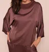 Suzy D Galina Silky Batwing Top With Rib Cowl Neck Top In Mocha In Multi