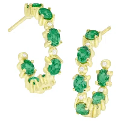 Pre-owned Suzy Landa 18k Yellow Gold, Green Tourmaline And Diamond Hoop Earrings By