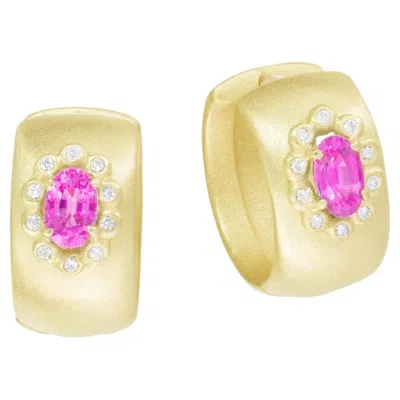Pre-owned Suzy Landa 18k Yellow Gold, Pink Sapphire And Diamond Huggie Earrings By Suzy Linda