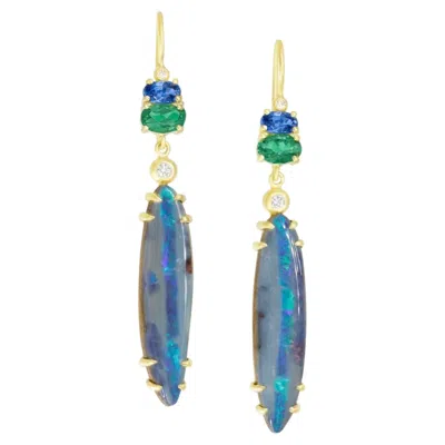 Pre-owned Suzy Landa 18k Yg Earrings With Australian Boulder Opal, Sapphire, Tourmaline & Diamonds In Multi