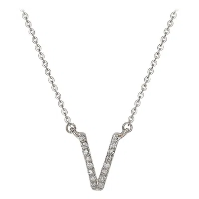 Pre-owned Suzy Levian 0.10 Carat White Diamond 14k White Gold Letter Initial Necklace, V