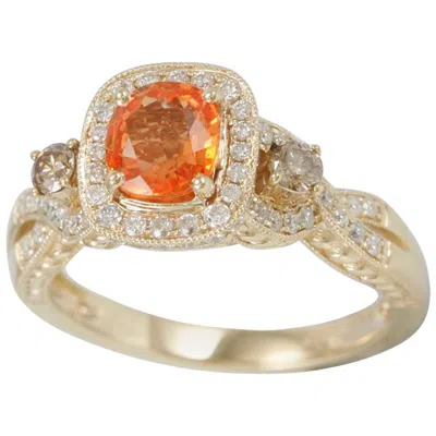 Pre-owned Suzy Levian 14 Karat Gold Cushion-cut Orange Sapphire And Brown Diamond Ring
