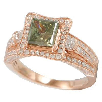 Pre-owned Suzy Levian 14 Karat Rose Gold Princess Cut Green And White Diamond Bridal Ring