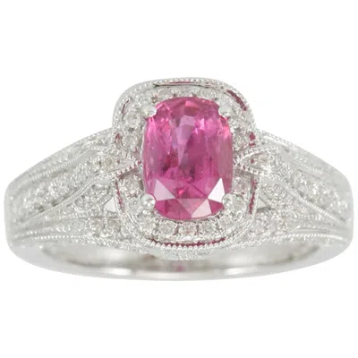 Pre-owned Suzy Levian 14 Karat White Gold Cushion-cut Pink Sapphire And Diamond Ring