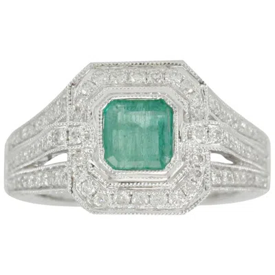 Pre-owned Suzy Levian 14 Karat White Gold Emerald Cut Colombian Emerald And Diamond Ring