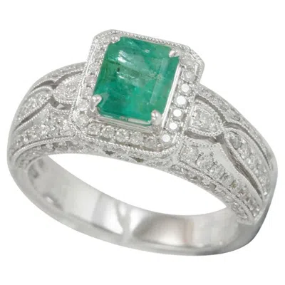 Pre-owned Suzy Levian 14 Karat White Gold Emerald-cut Colombian Emerald And Diamond Ring