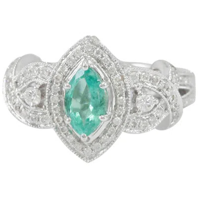 Pre-owned Suzy Levian 14 Karat White Gold Marquise-cut Colombian Emerald Ring
