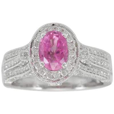 Pre-owned Suzy Levian 14 Karat White Gold Oval Ceylon Pink Sapphire And Diamond Ring