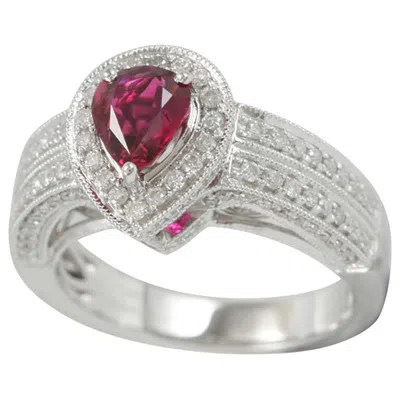 Pre-owned Suzy Levian 14 Karat White Gold Pear-cut Ruby And White Diamond Engagement Ring
