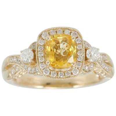 Pre-owned Suzy Levian 14 Karat Yellow Gold Cushion-cut Yellow Sapphire And Diamond Ring