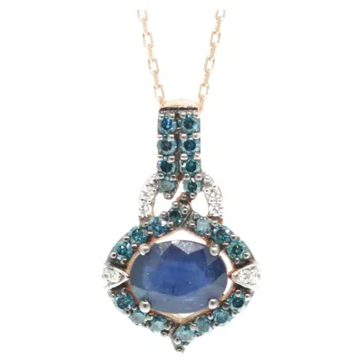 Pre-owned Suzy Levian 14k Rose Gold Oval-cut Sapphire Blue And White Diamond Pendant