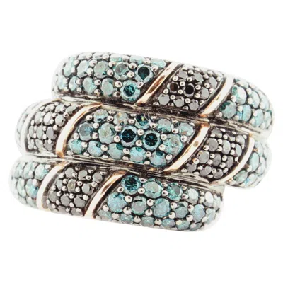 Pre-owned Suzy Levian 14k Rose Gold Round Blue & Black Diamond Crossover Ring In Red