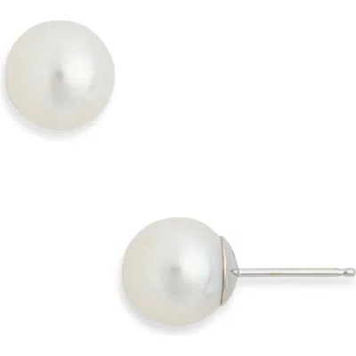 Suzy Levian 14k White Gold 7.5–8mm Cultured Pearl Stud Earrings