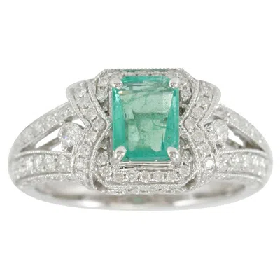 Pre-owned Suzy Levian 14k White Gold Colombian Emerald White Diamond Ring