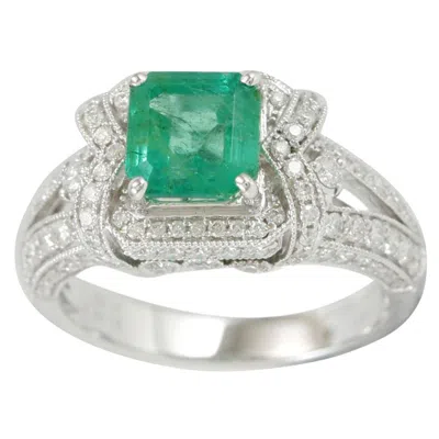 Pre-owned Suzy Levian 14k White Gold Colombian Emerald White Diamonds Ring