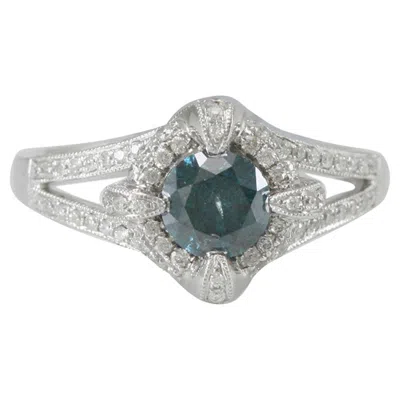 Pre-owned Suzy Levian 14k White Gold Round Blue And White Diamond Halo Engagement Ring