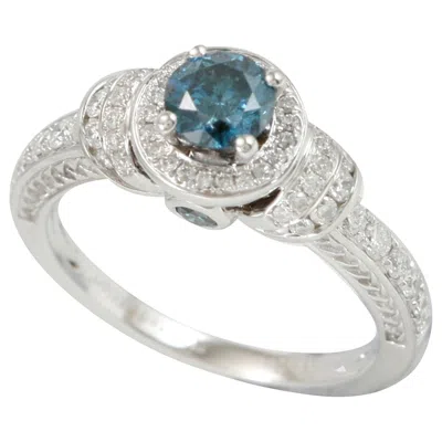 Pre-owned Suzy Levian 14k White Gold Round Blue And White Diamond Halo Engagement Ring