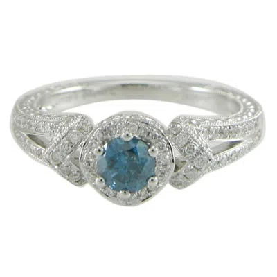 Pre-owned Suzy Levian 14k White Gold Round Blue & White Diamond Halo Ring