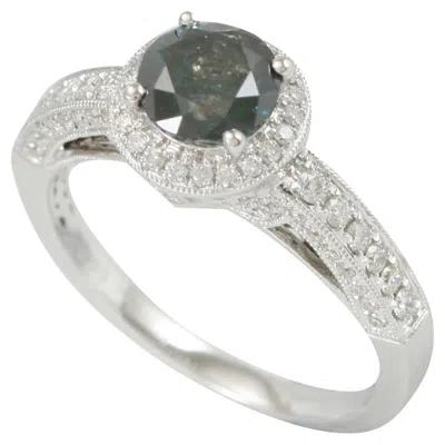 Pre-owned Suzy Levian 14k White Gold Round Blue-green And White Diamond Halo Ring