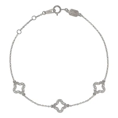 Pre-owned Suzy Levian 14k White Gold White Diamond Clover By The Yard Station Bracelet