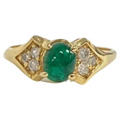 Pre-owned Suzy Levian 14k Yellow Gold Cabochon-cut Emerald And Diamond Vintage Ring