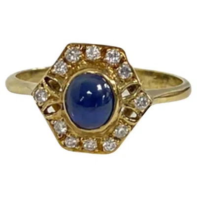 Pre-owned Suzy Levian 14k Yellow Gold Cabochon-cut Sapphire And Whitediamond Cocktail Ring