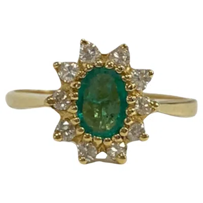 Pre-owned Suzy Levian 14k Yellow Gold Oval-cut Emerald And Diamond Cocktail Ring