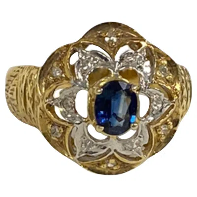 Pre-owned Suzy Levian 14k Yellow Gold Oval-cut Sapphire White Diamond Vintage Flower Ring