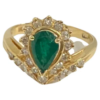 Pre-owned Suzy Levian 14k Yellow Gold Pear-cut Emerald And White Diamond Ring