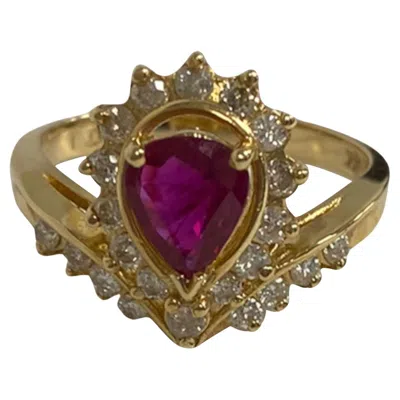 Pre-owned Suzy Levian 14k Yellow Gold Pear-cut Ruby And White Diamond Vintage Look Ring