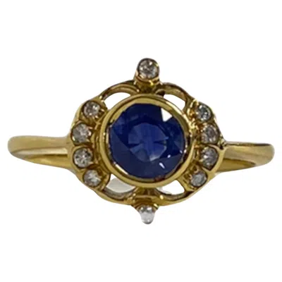 Pre-owned Suzy Levian 14k Yellow Gold Round-cut Sapphire And White Diamond Vintage Ring