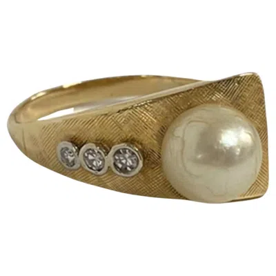 Pre-owned Suzy Levian 14k Yellow Gold White Diamonds Pearl Vintage-inspired Abstract Ring