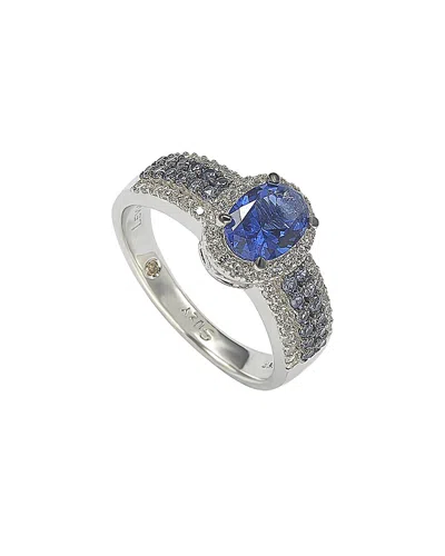 Suzy Levian Sterling Silver Oval-cut Sapphire Pave Sapphire Diamond Accent Anniversary Ring In Blue
