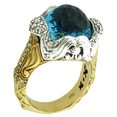 Pre-owned Suzy Levian 18k Two-tone White & Yellow Gold Cabochon-cut London Blue Topaz Ring