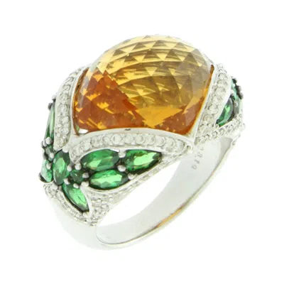Pre-owned Suzy Levian 18k White Gold Cabochon-cut Citrine And Tsavorite Cocktail Ring