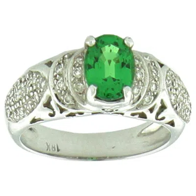 Pre-owned Suzy Levian 18k White Gold Oval-cut Green-tsavorite White Diamond Bridal Ring