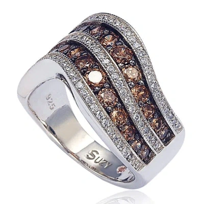Suzy Levian Brown And White Cubic Zirconia Sterling Silver Ring In Red