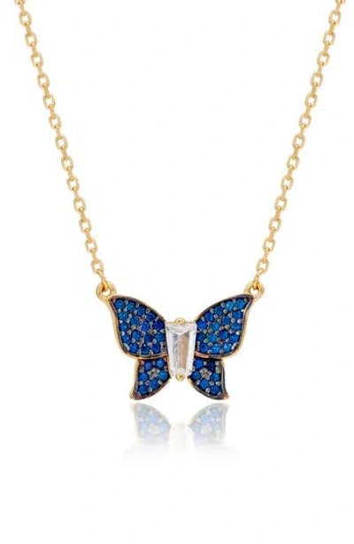 Suzy Levian Cubic Zirconia Butterfly Pavé Pendant Necklace In Blue
