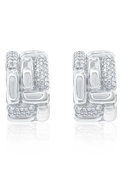 Suzy Levian Cubic Zirconia Checkered Woven Huggie Hoop Earrings In Metallic