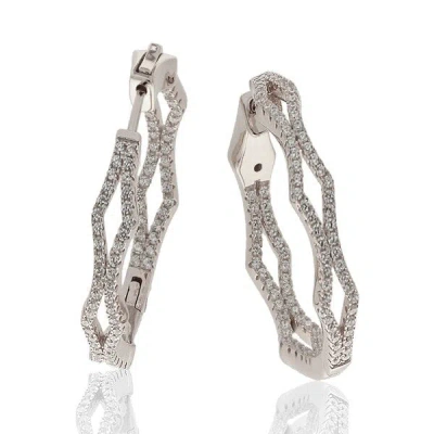 Suzy Levian Cubic Zirconia In Sterling Silver Pave Modern Hoop Earrings