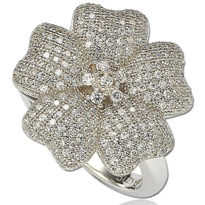 Suzy Levian Cubic Zirconia Sterling Silver Flower Pave Ring In White