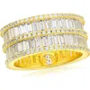 Suzy Levian Yellow Sterling Silver Cubic Zirconia Double Row White Baguette And Round Cut Wide Eternity Band