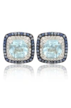 Suzy Levian Cushion Semiprecious Stone Double Halo Stud Earrings In Blue
