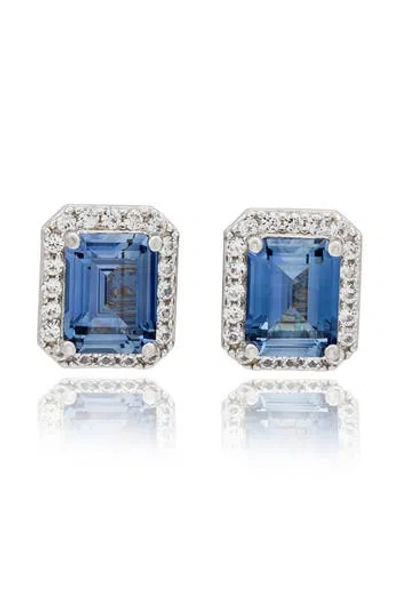 Suzy Levian Diamonds Emerald Cut Blue Sapphire & Lab Grown White Sapphire Halo Stud Earrings