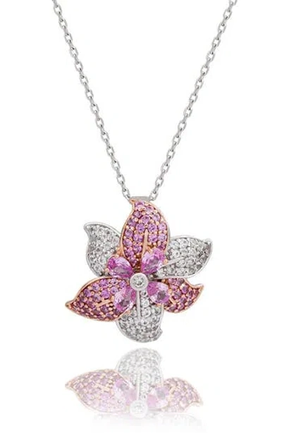 Suzy Levian Diamonds Pink & White Sapphire Flower Pendant Necklace