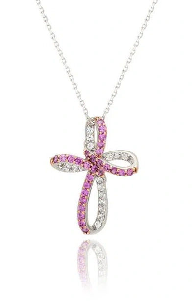 Suzy Levian Diamonds Two-tone Pink & White Sapphire Cross Pendant Necklace