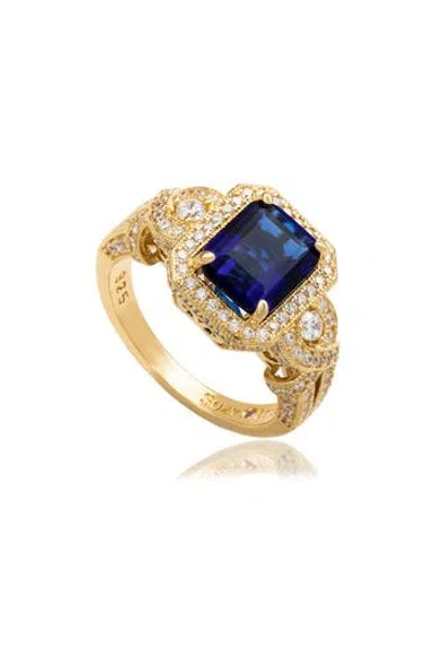 Suzy Levian Emerald Cut Cubic Zirconia Halo Engagement Ring In Blue