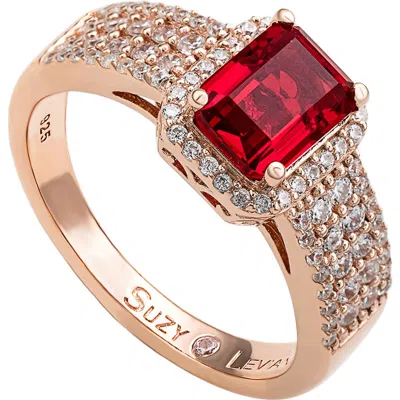 Suzy Levian Emerald Cut Cubic Zirconia Halo Ring In Red