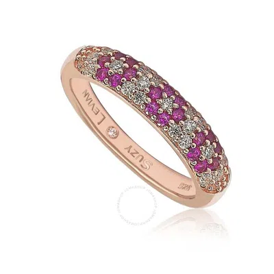 Suzy Levian Floral Ruby & White Cubic Zirconia In Rose Silver Half Band